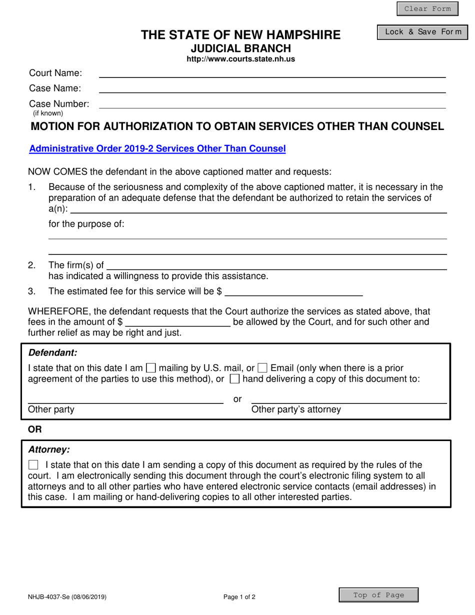 Form NHJB-4037-SE Motion for Authorization to Obtain Services Other Than Counsel - New Hampshire, Page 1