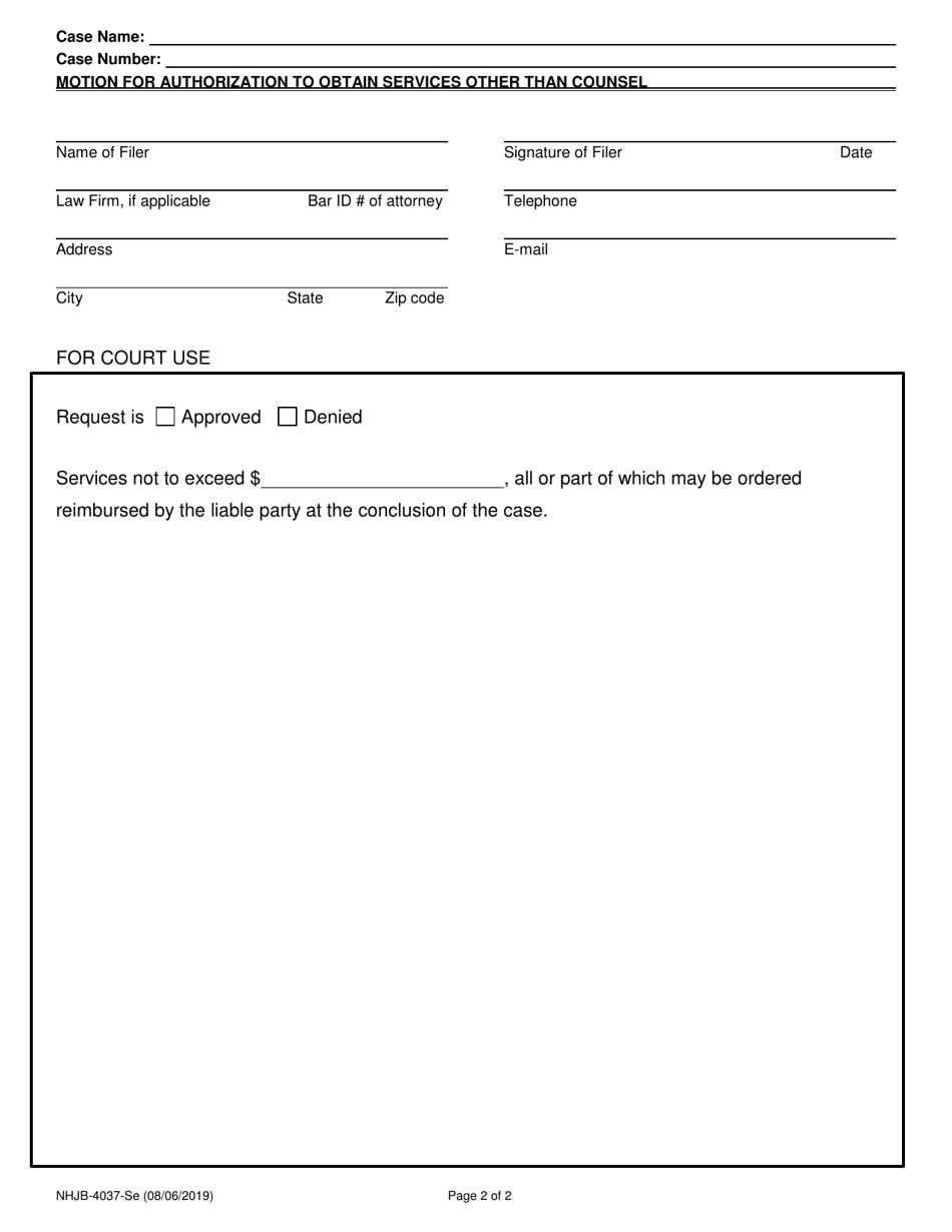 Form NHJB-4037-SE Motion for Authorization to Obtain Services Other Than Counsel - New Hampshire, Page 2