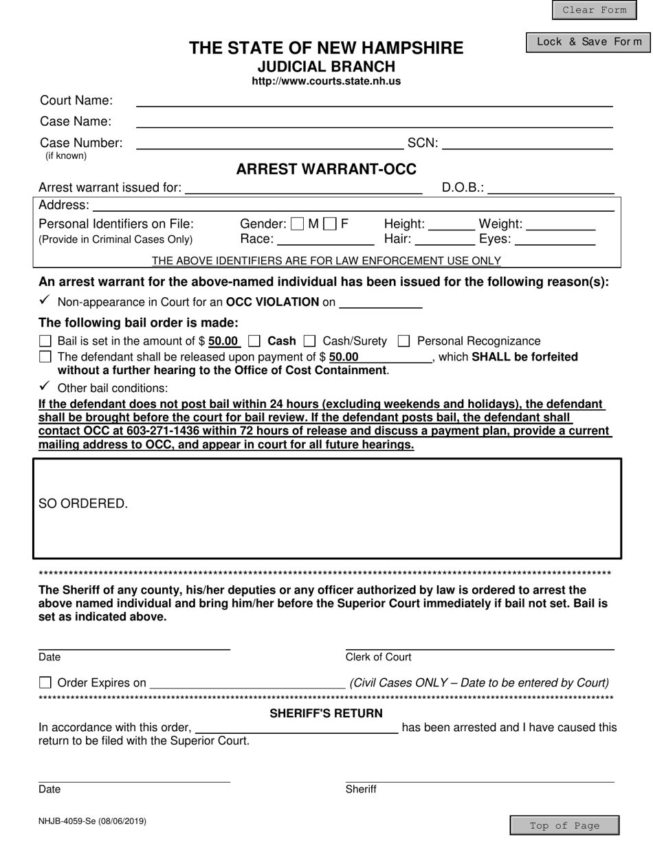 Form NHJB-4059-SE Arrest Warrant-Occ - New Hampshire, Page 1