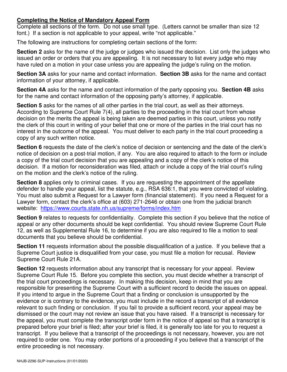 Instructions for Form NHJB-2296-SUP Rule 7 Notice of Mandatory Appeal - New Hampshire, Page 2