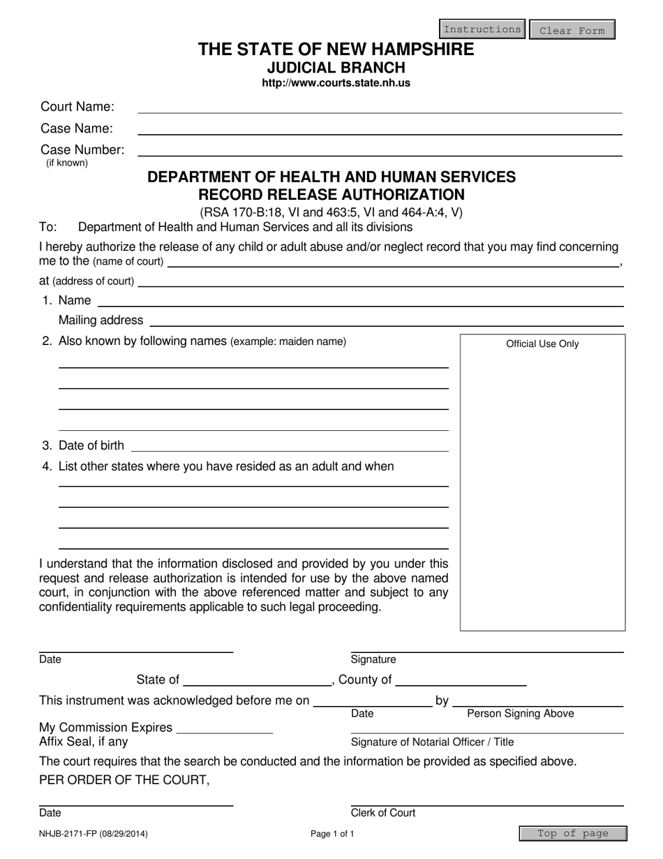 Form NHJB-2171-FP Department of Health and Human Services Record Release Authorization - New Hampshire, Page 1