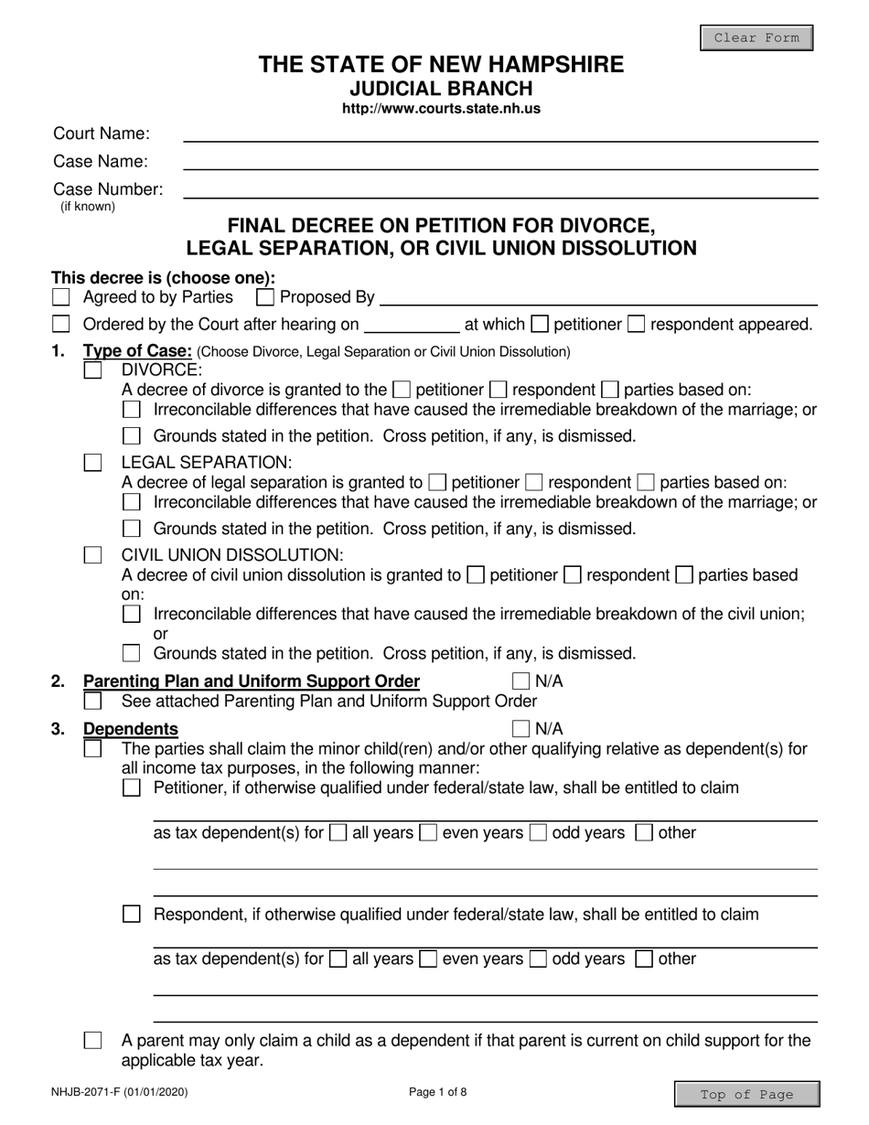 Form NHJB-2071-F Final Decree on Petition for Divorce, Legal Separation, or Civil Union Dissolution - New Hampshire, Page 1