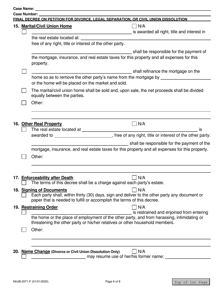 Form NHJB-2071-F Final Decree on Petition for Divorce, Legal Separation, or Civil Union Dissolution - New Hampshire, Page 6