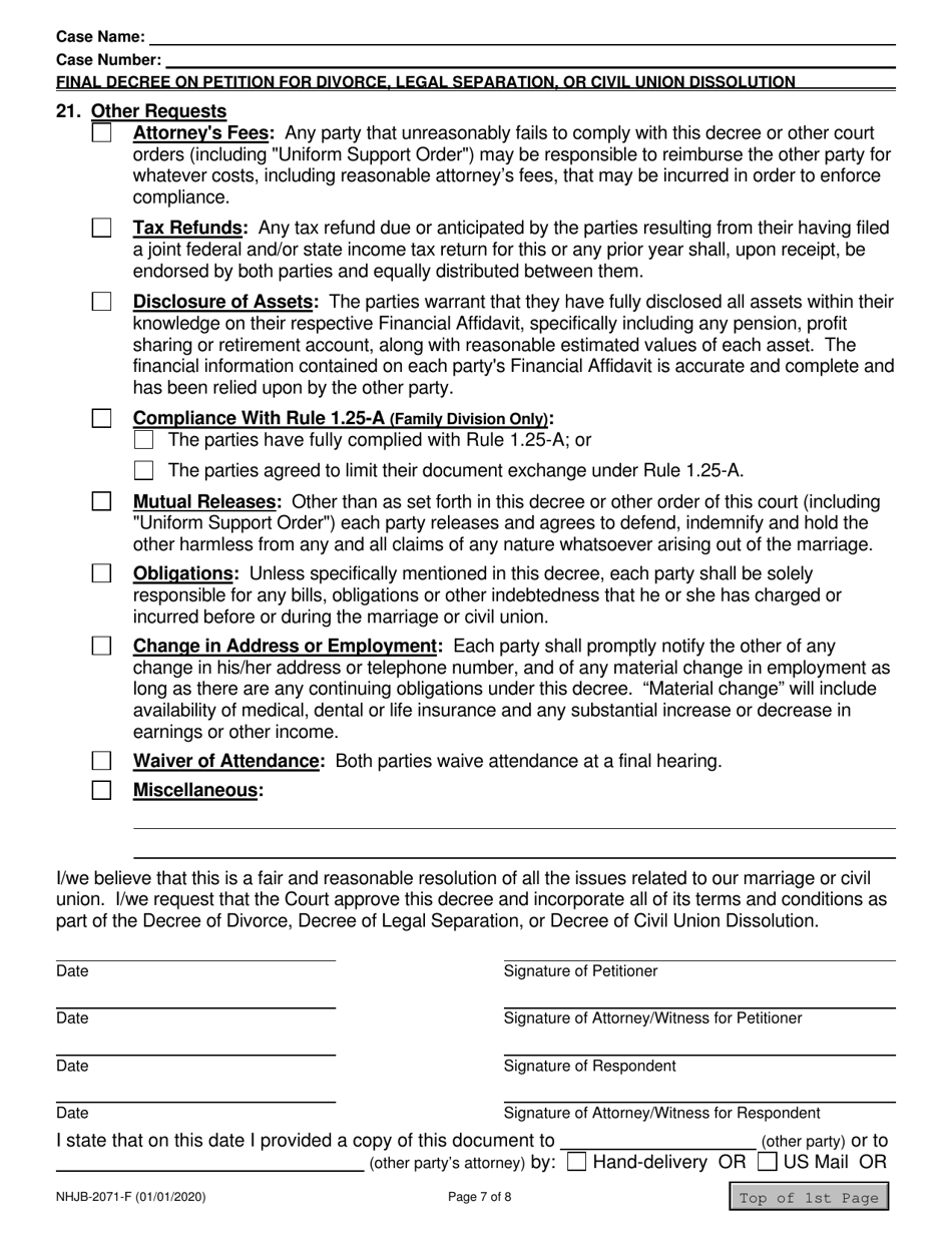 Form NHJB-2071-F Final Decree on Petition for Divorce, Legal Separation, or Civil Union Dissolution - New Hampshire, Page 7