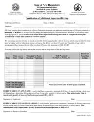 Form DSMV509 Certification of Additional Supervised Driving (Log Sheet) - New Hampshire