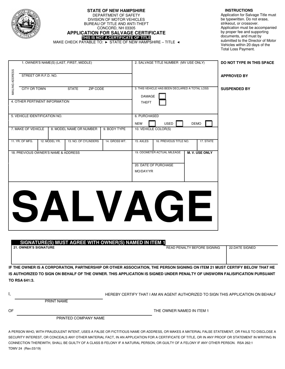 Form TDMV24 Application for Salvage Certificate - New Hampshire, Page 1