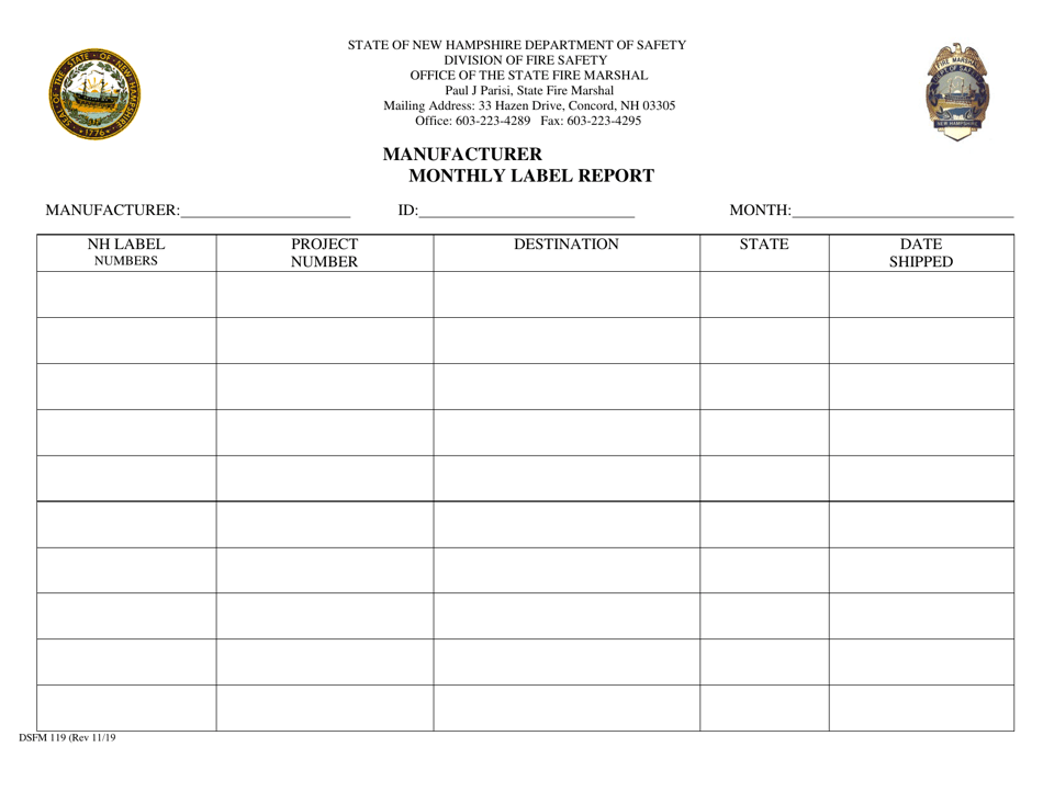 Form DSFM119 Manufacturer Monthly Label Report - New Hampshire, Page 1