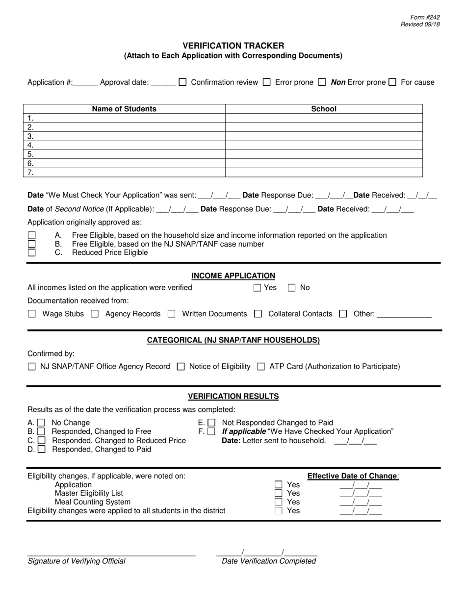 Form 242 Verification Tracker - New Jersey, Page 1