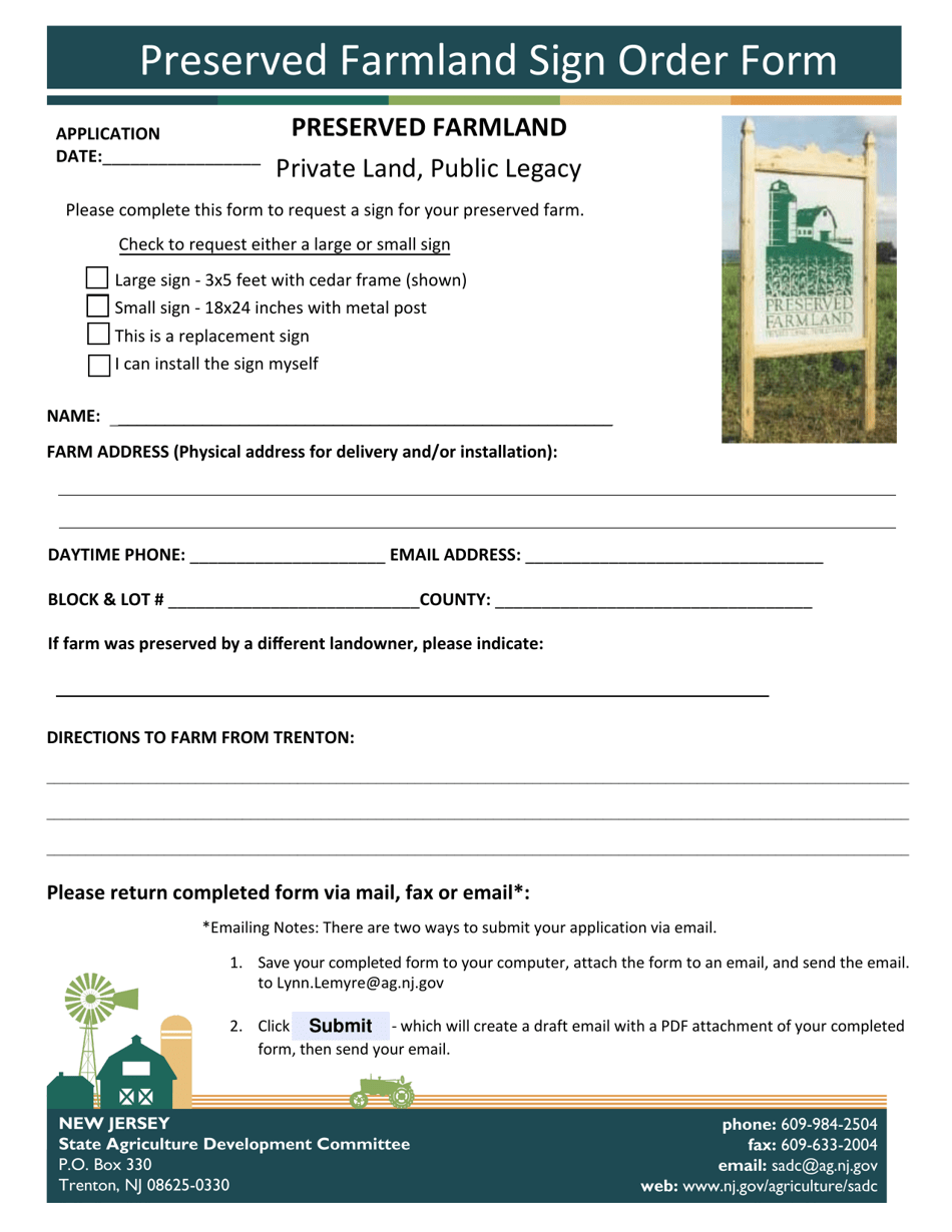 Preserved Farmland Sign Order Form - New Jersey, Page 1