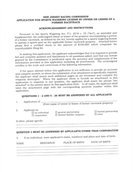 Document preview: Application for Sports Wagering License by Owner or Lessee of a Former Racetrack - New Jersey