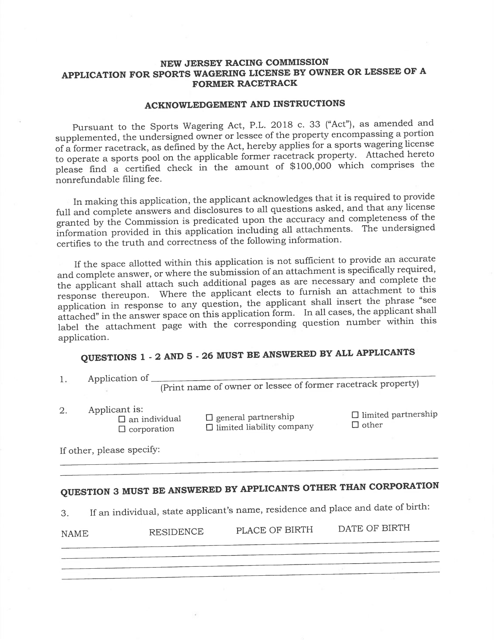 Application for Sports Wagering License by Owner or Lessee of a Former Racetrack - New Jersey Download Pdf