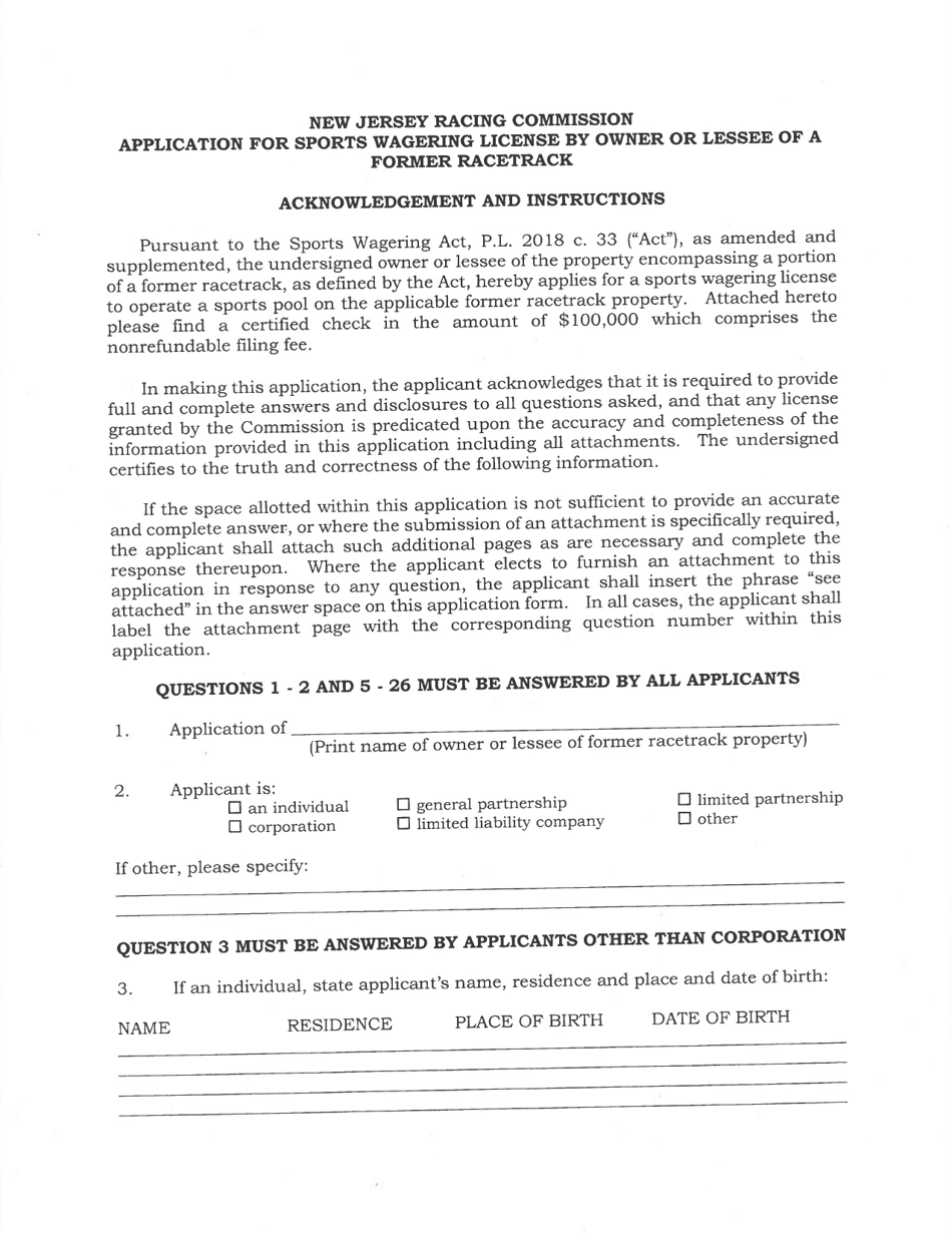 Application for Sports Wagering License by Owner or Lessee of a Former Racetrack - New Jersey, Page 1