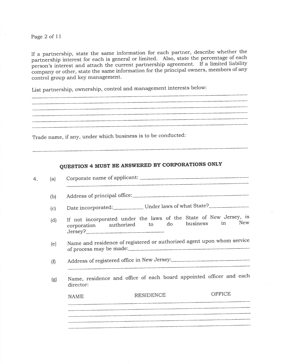Application for Sports Wagering License by Owner or Lessee of a Former Racetrack - New Jersey, Page 2