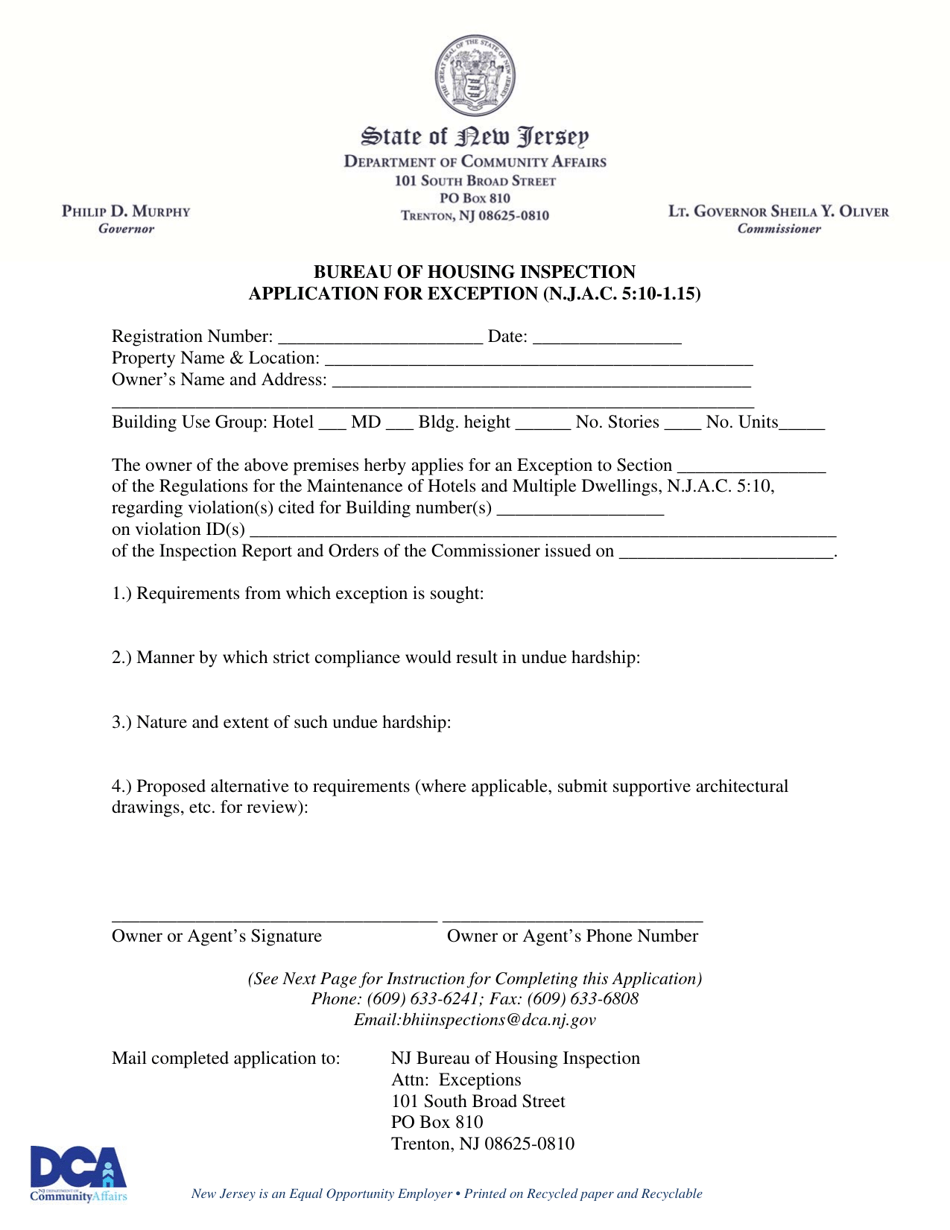 Application for Exception - New Jersey, Page 1