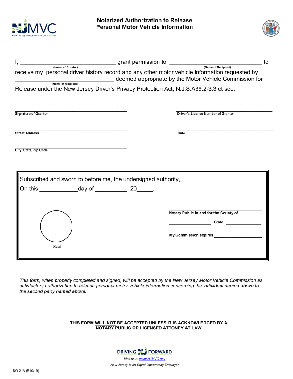 Form DO-21A Notarized Authorization to Release Personal Motor Vehicle Information - New Jersey, Page 1