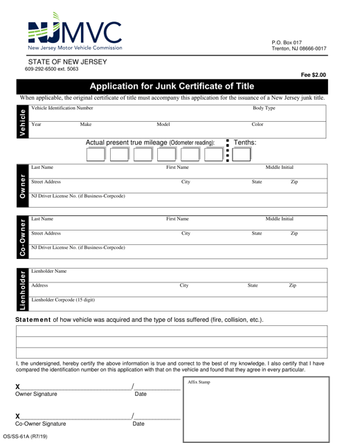 Form OS/SS-61A Application for Junk Certificate of Title - New Jersey