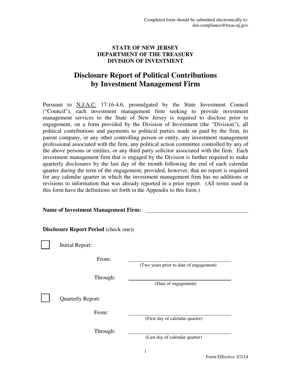 Disclosure Report of Political Contributions by Investment Management Firm - New Jersey, Page 1