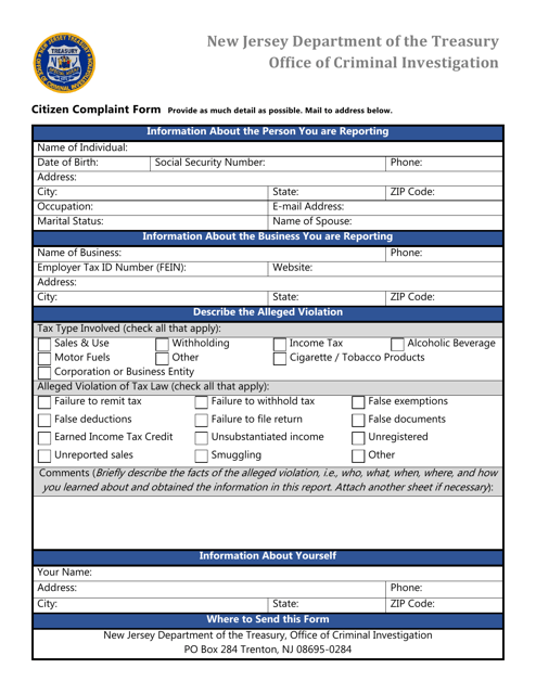 Citizen Complaint Form - New Jersey Download Pdf