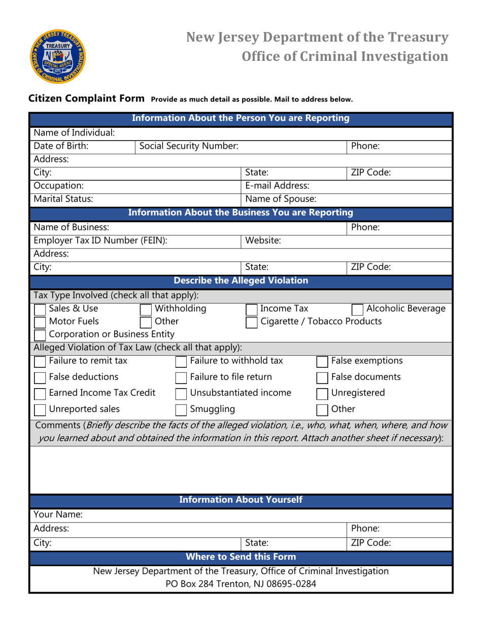 Citizen Complaint Form - New Jersey, Page 1