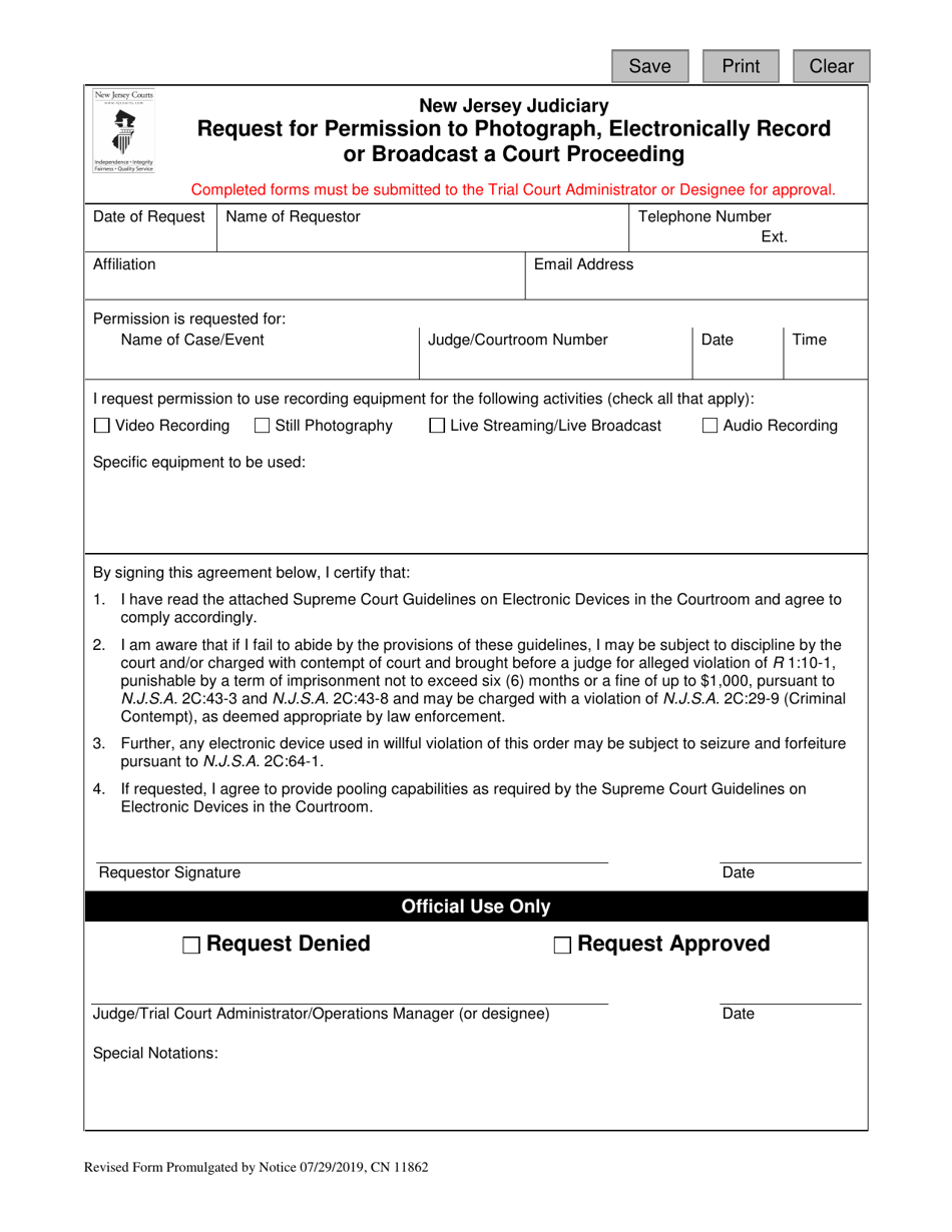 Form 11862 Request for Permission to Photograph, Electronically Record or Broadcast a Court Proceeding - New Jersey, Page 1
