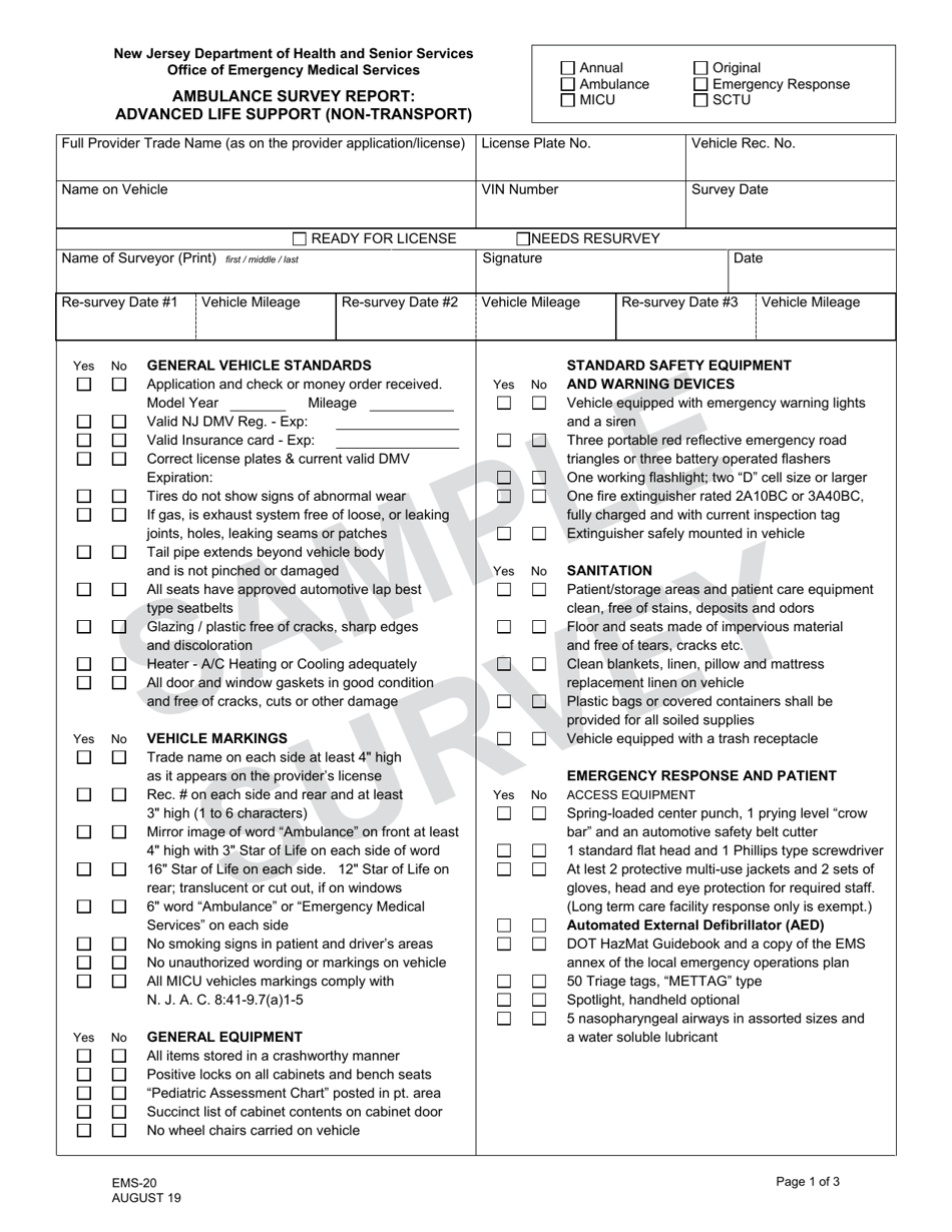 Form EMS-20 Ambulance Survey Report: Advanced Life Support (Non-transport) - New Jersey, Page 1