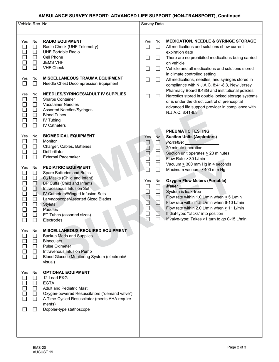 Form EMS-20 Ambulance Survey Report: Advanced Life Support (Non-transport) - New Jersey, Page 2