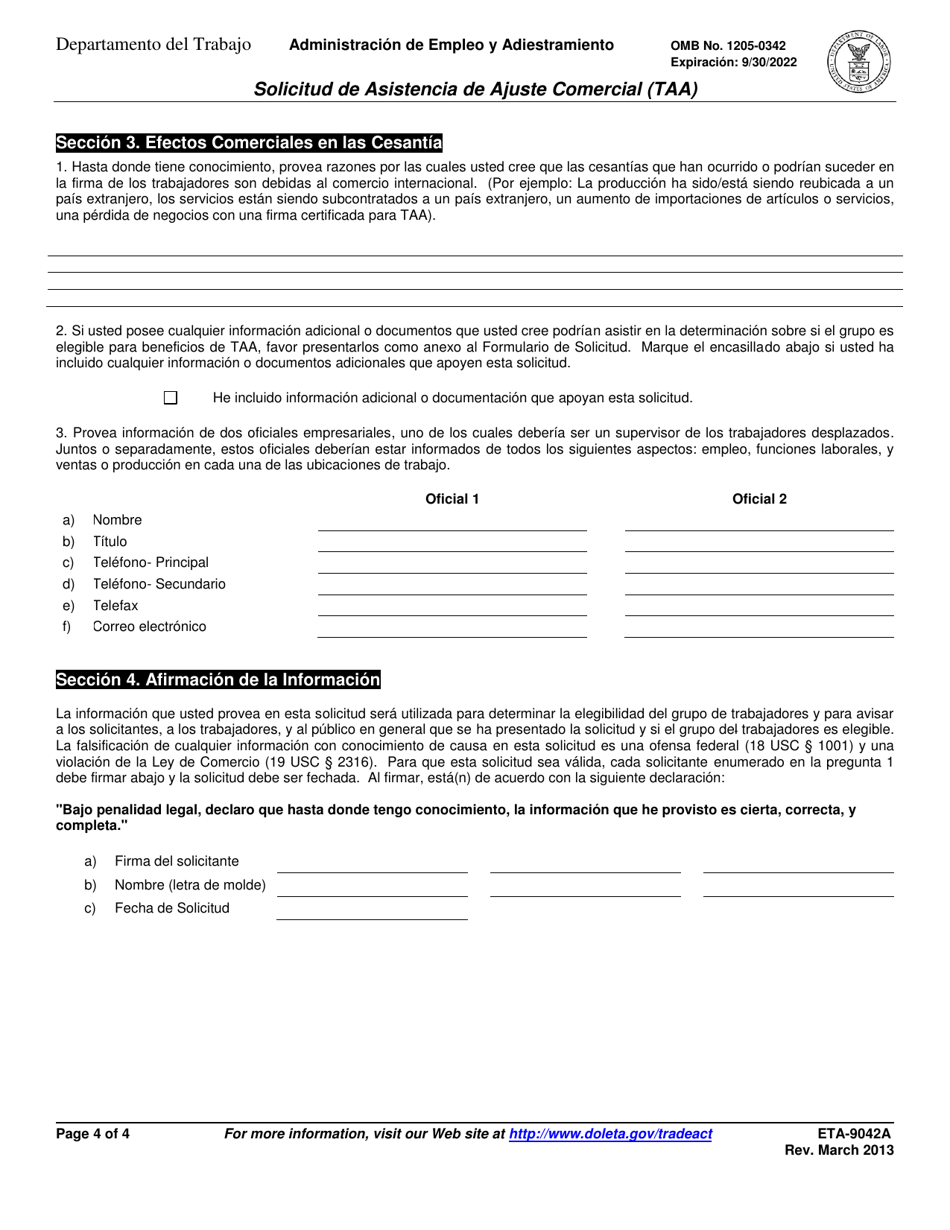 Formulario ETA-9042A Solicitud De Asistencia De Ajuste Comercial (Taa) (Spanish), Page 4