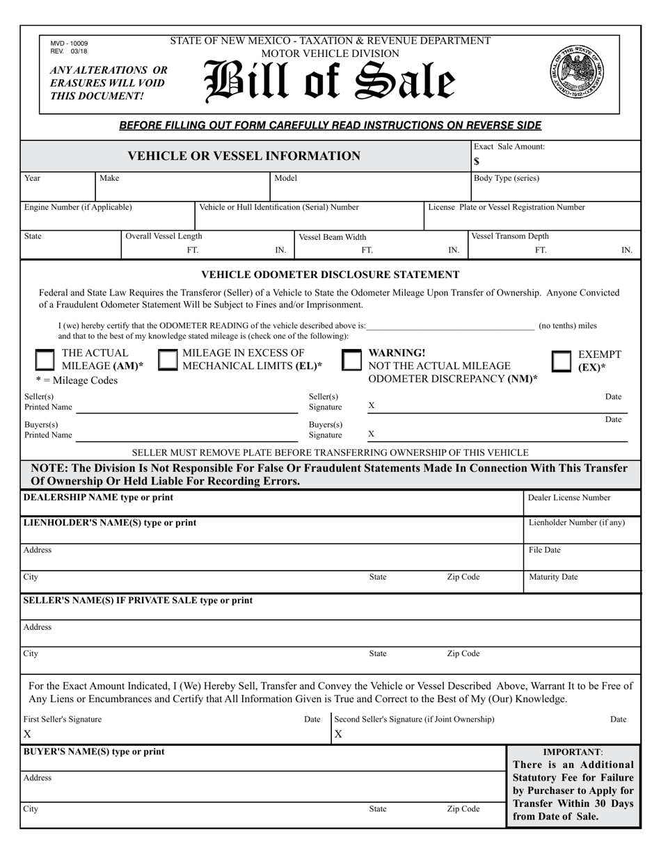 Form MVD-10009 Bill of Sale - New Mexico, Page 1