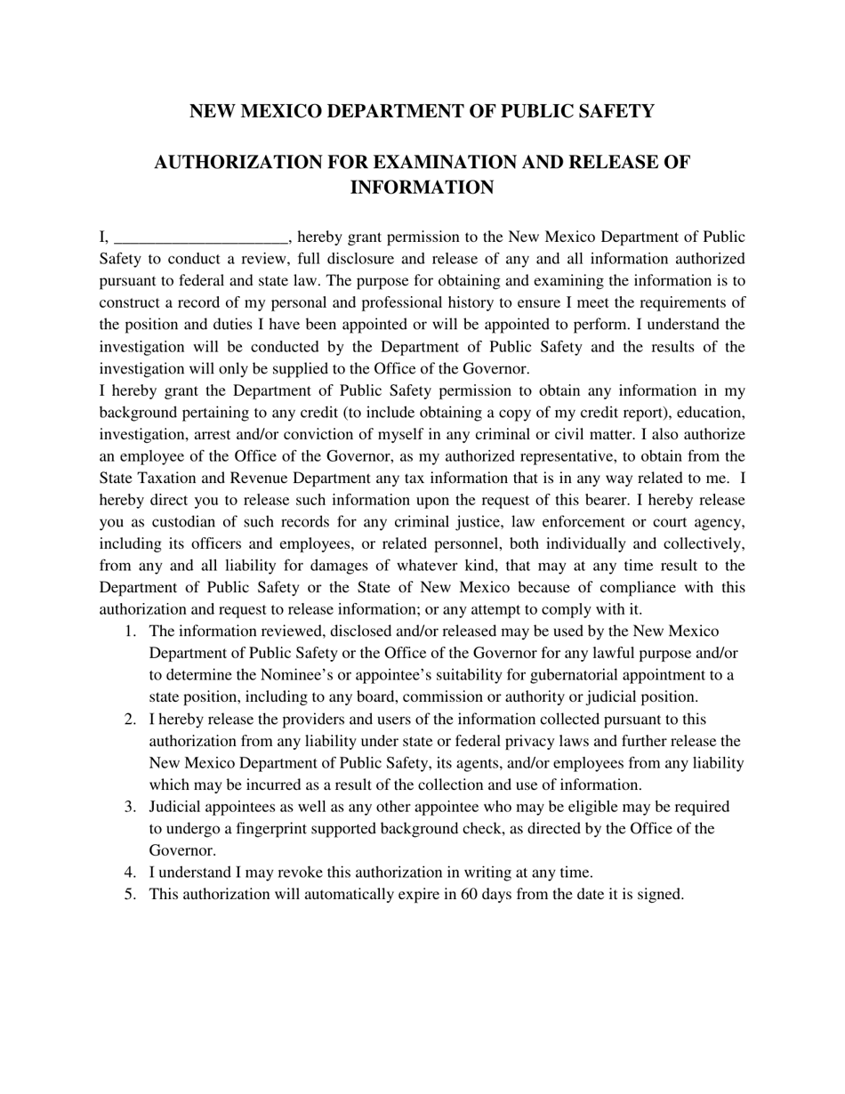 New Mexico Authorization for Examination and Release of Information