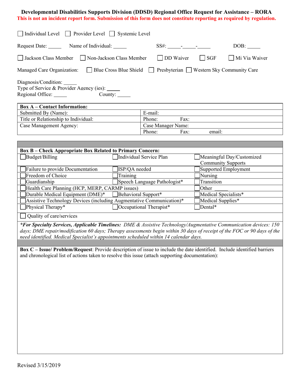 Regional Office Request for Assistance - Rora - New Mexico, Page 1