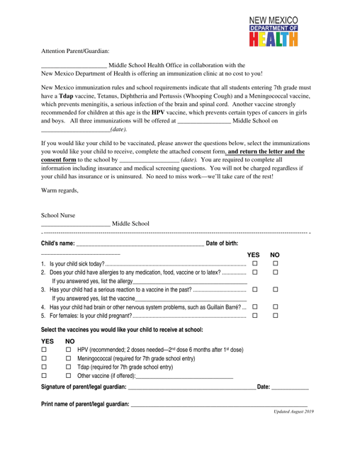 Vfc Middle School Vaccination Letter / Permission Form - New Mexico Download Pdf