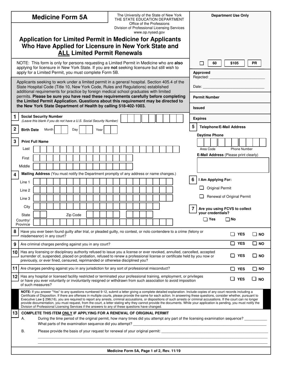 Medicine Form 5A Application for Limited Permit in Medicine for Applicants Who Have Applied for Licensure in New York State and All Limited Permit Renewals - New York, Page 1