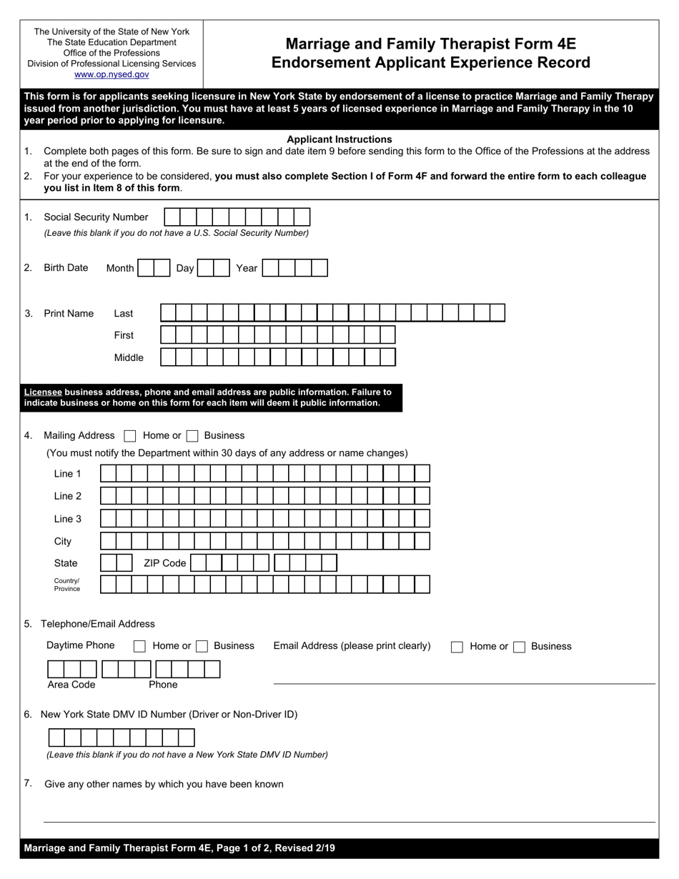 Marriage and Family Therapist Form 4E Endorsement Applicant Experience Record - New York, Page 1