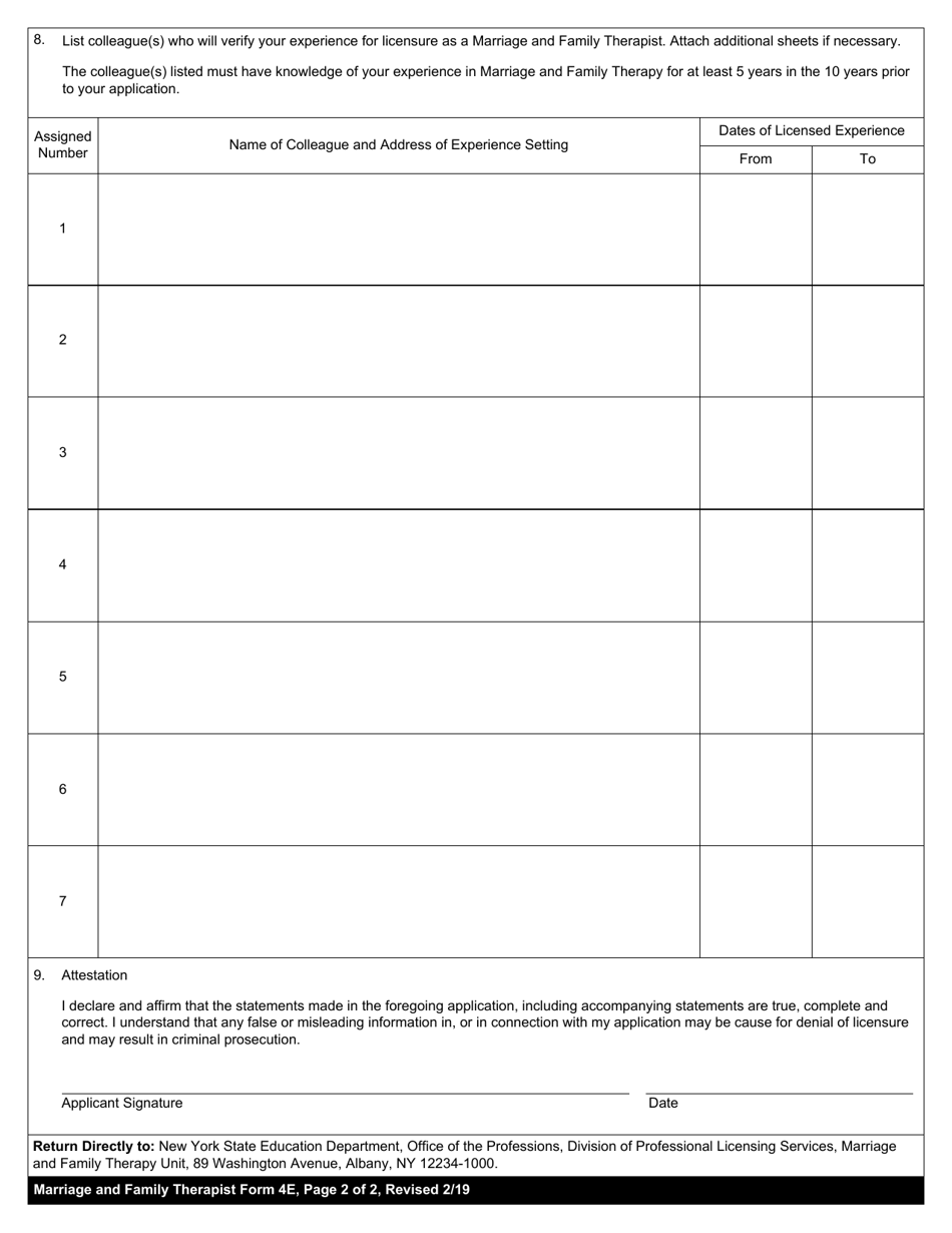 Marriage and Family Therapist Form 4E Endorsement Applicant Experience Record - New York, Page 2
