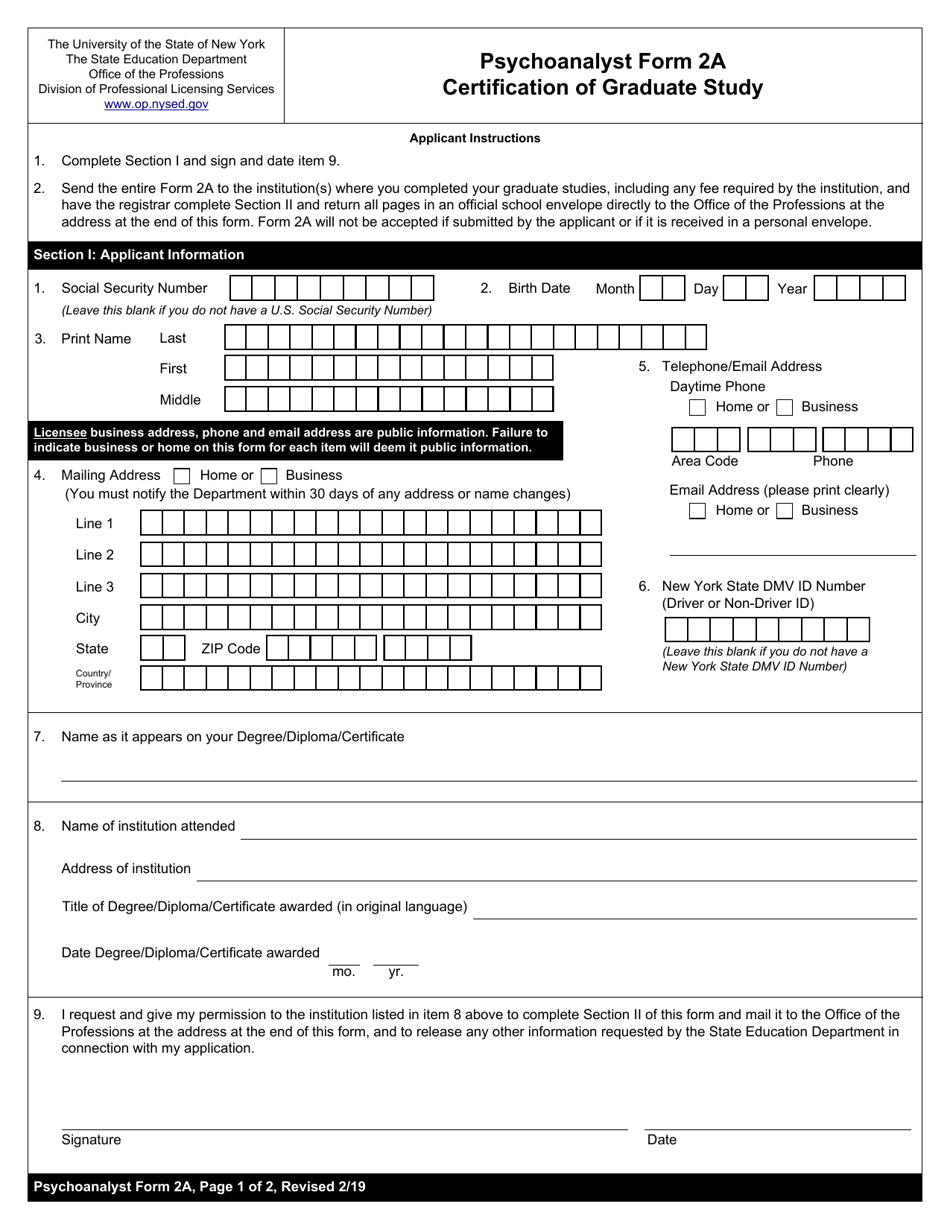 Psychoanalyst Form 2A Certification of Graduate Study - New York, Page 1