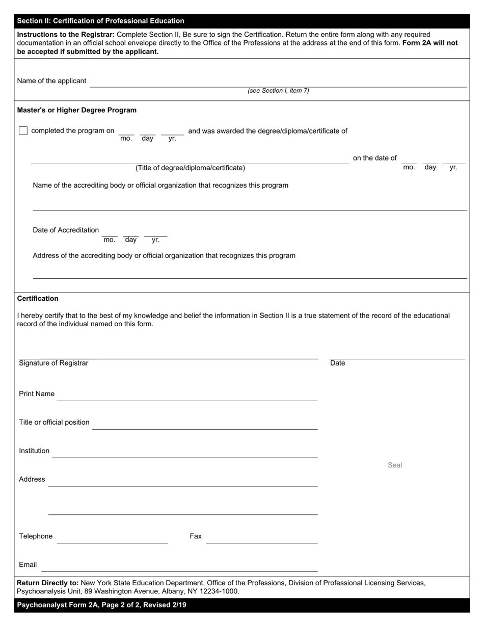 Psychoanalyst Form 2A Certification of Graduate Study - New York, Page 2