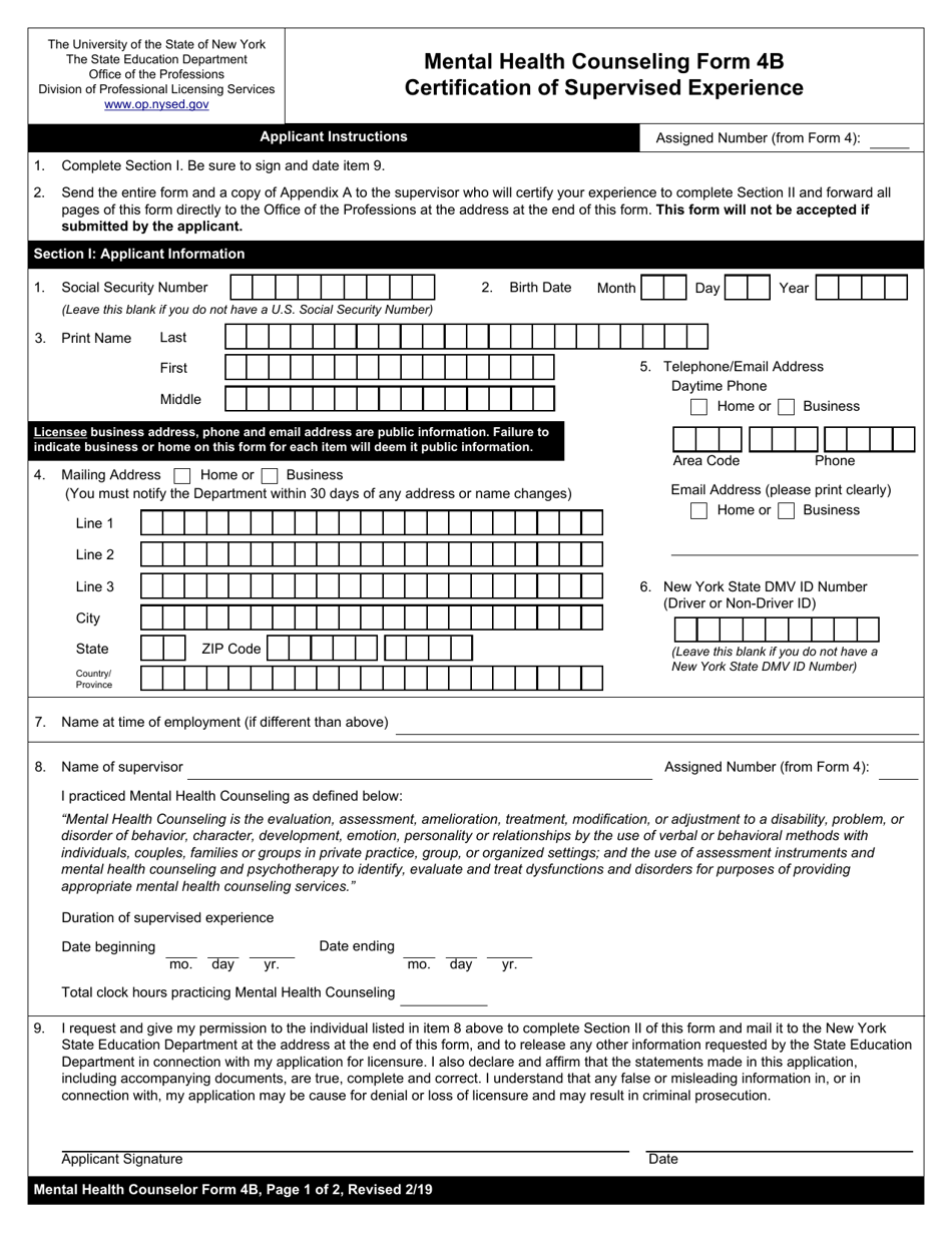 Mental Health Counseling Form 4B Certification of Supervised Experience - New York, Page 1