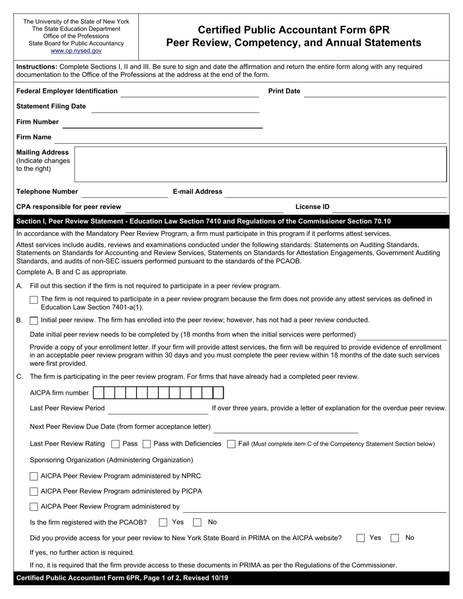 Certified Public Accountant Form 6PR Peer Review, Competency, and Annual Statements - New York, Page 1