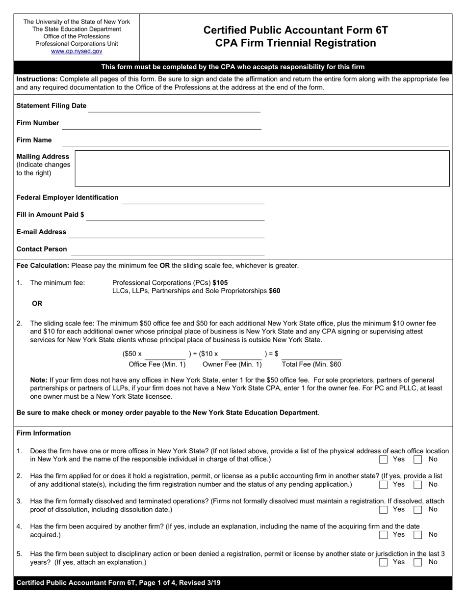 Certified Public Accountant Form 6T CPA Firm Triennial Registration - New York, Page 1