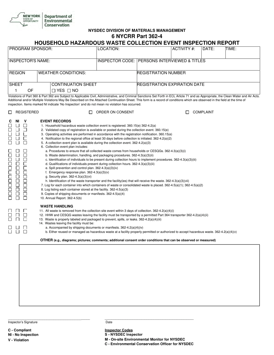 Household Hazardous Waste Collection Event Inspection Report - New York, Page 1