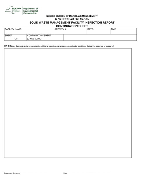 Solid Waste Management Facility Inspection Report Continuation Sheet - New York Download Pdf