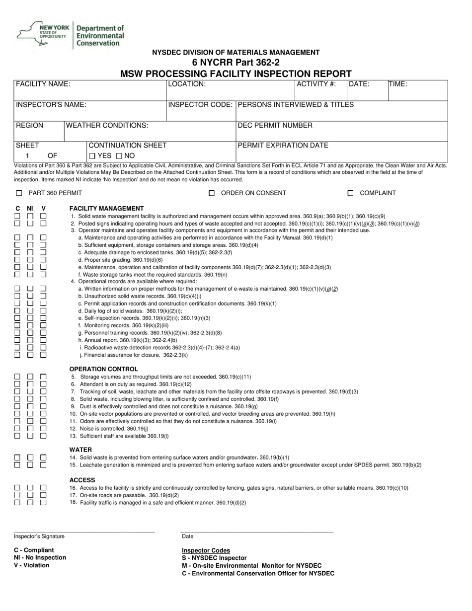 Msw Processing Facility Inspection Report - New York, Page 1