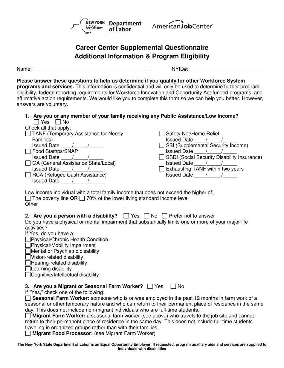 Form ES102 Career Center Supplemental Questionnaire Additional Information  Program Eligibility - New York, Page 1