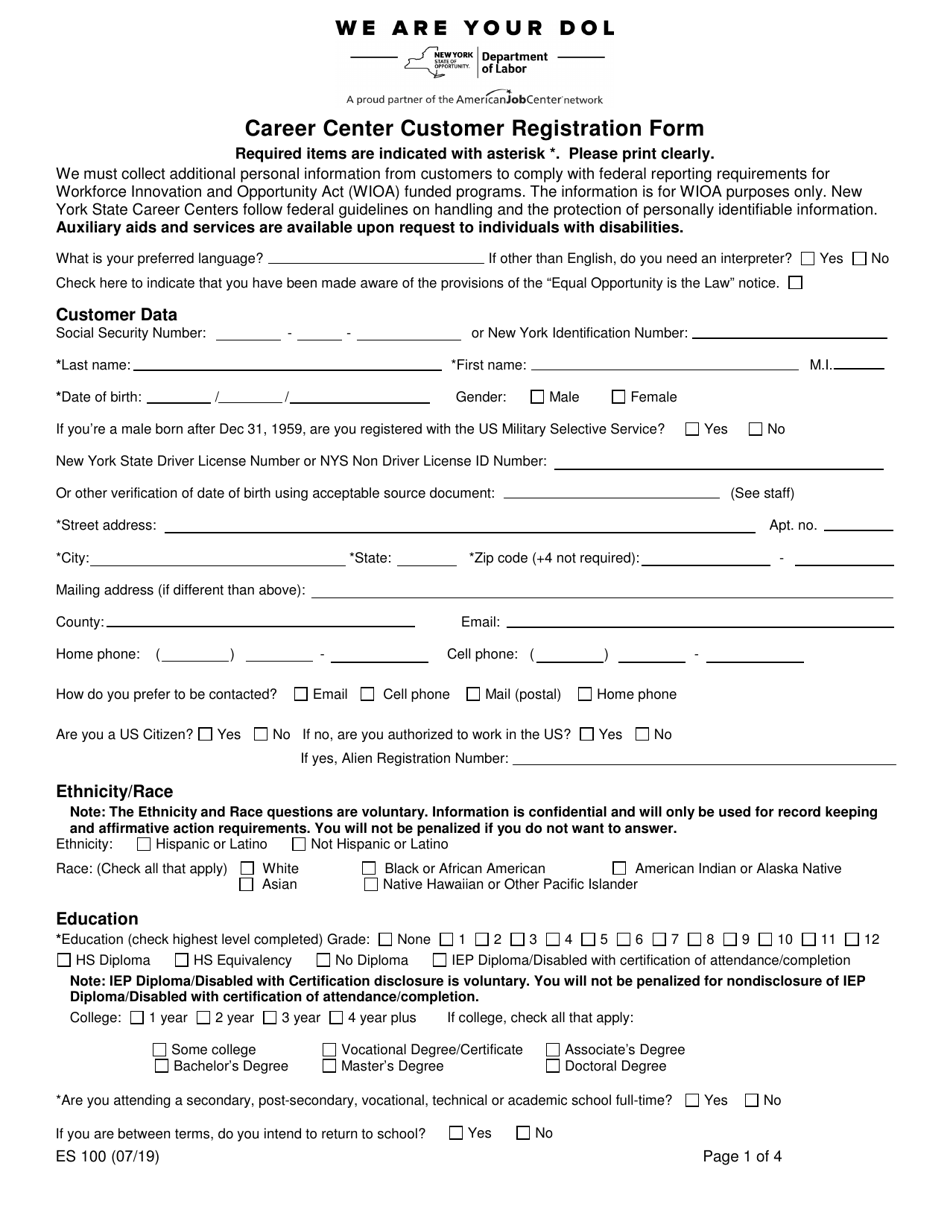 Form ES100 Career Center Customer Registration Form - New York, Page 1