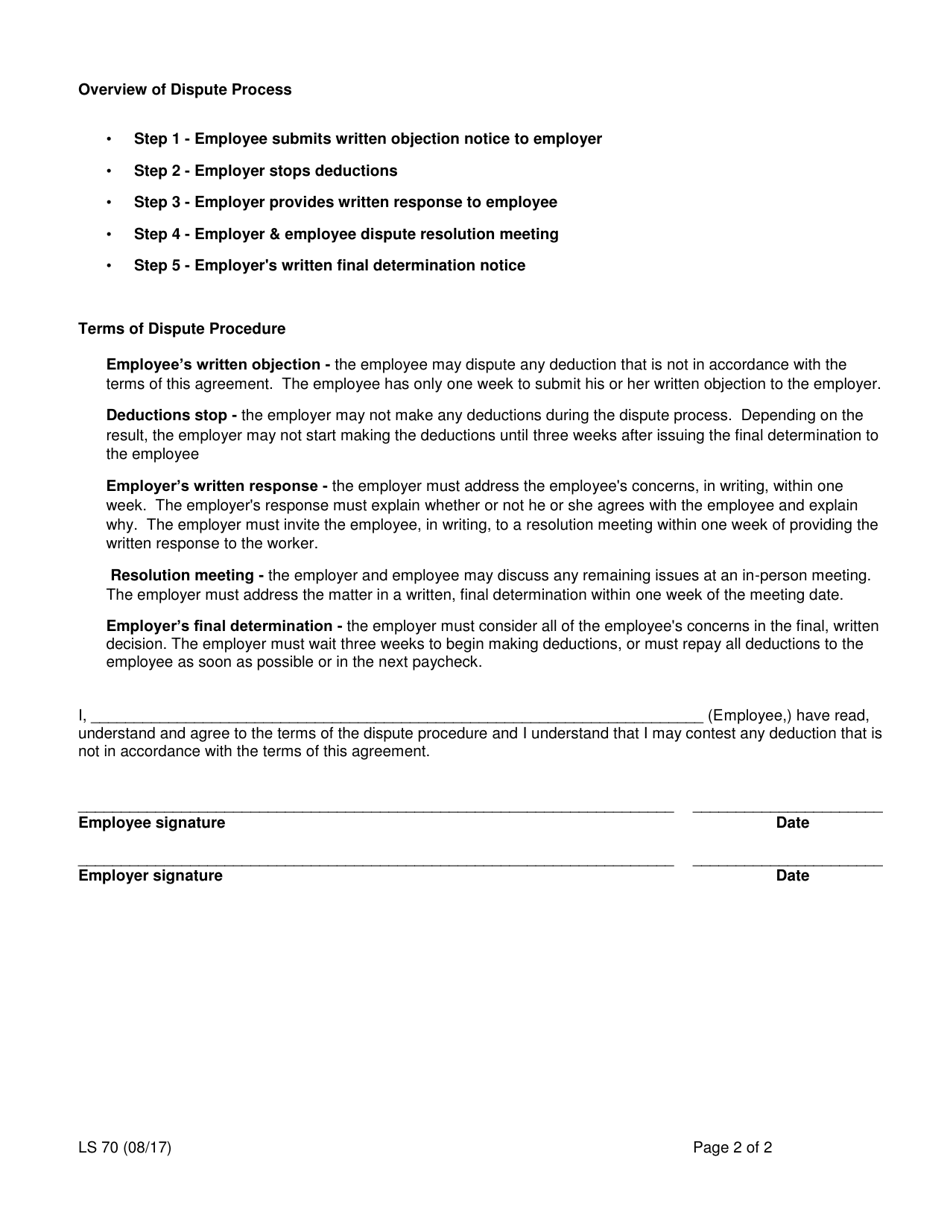 Form LS70 Written Authorization for Wage Advances - New York, Page 2