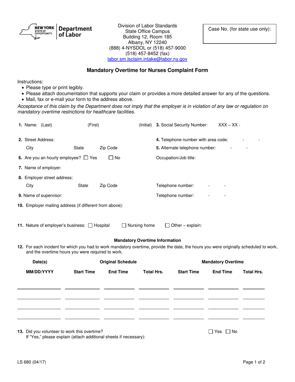 Form LS680 Mandatory Overtime for Nurses Complaint Form - New York, Page 1