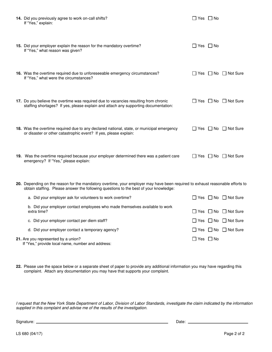 Form LS680 Mandatory Overtime for Nurses Complaint Form - New York, Page 2
