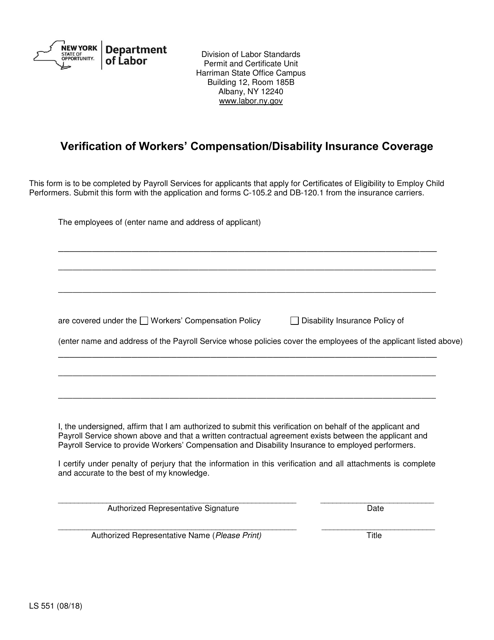 Form LS551 Verification of Workers' Compensation/Disability Insurance Coverage - New York
