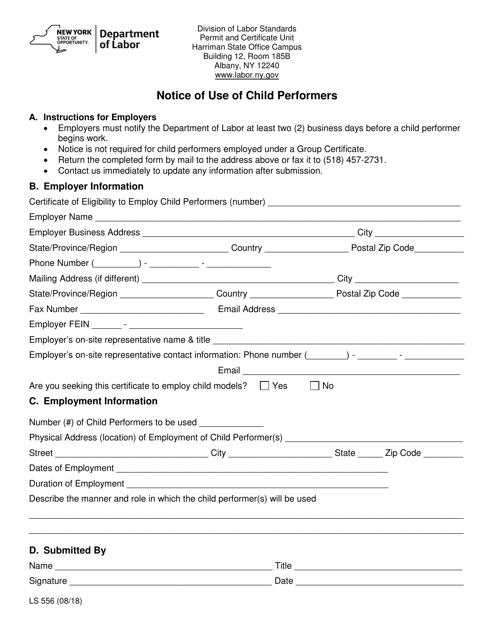 Form LS556 Notice of Use of Child Performers - New York