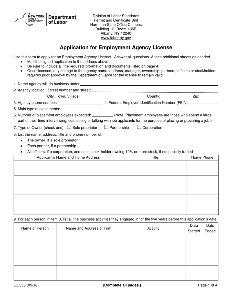 Form LS355 Application for Employment Agency License - New York, Page 1